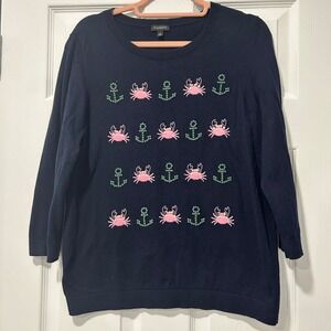 TALBOTS Embellished Crab Anchor Nautical 3/4 Sleeve Sweater‎ Women's size Large